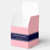 Solid Pink, Navy Blue Ribbon Name Monogram Bedankdoosjes (Geopend)