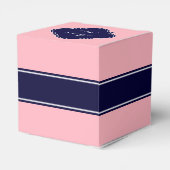 Solid Pink, Navy Blue Ribbon Name Monogram Bedankdoosjes (Achterkant)