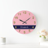 Solid Pink, Navy Blue Ribbon Name Monogram Grote Klok (Huis)