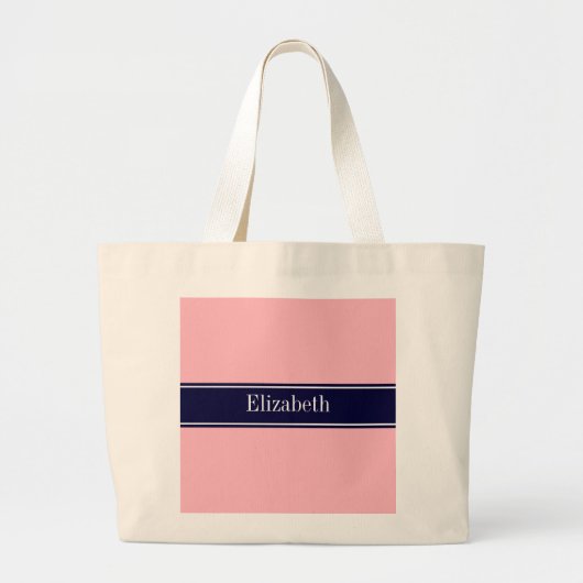 Solid Pink, Navy Blue Ribbon Name Monogram Grote Tote Bag (Voorkant)