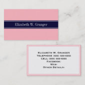 Solid Pink, Navy Blue Ribbon Name Monogram Visitekaartje (Voorkant / Achterkant)