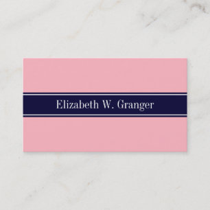 Solid Pink, Navy Blue Ribbon Name Monogram Visitekaartje