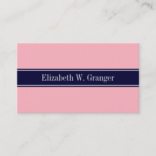Solid Pink, Navy Blue Ribbon Name Monogram Visitekaartje (Voorkant)