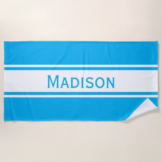 Solid Sky Blue White Stripes Modern Name Strandlaken (Voorkant)