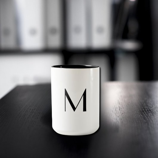  solid white - add  black monogram   tweekleurige koffiemok