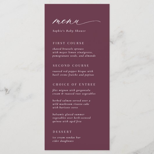 Solide Bourgondische pruim + kalligrafiescript Menu (Voorkant)