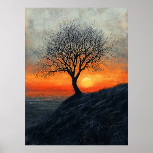 Solitaire boom zonsondergang in houtskool en warme poster (Voorkant)