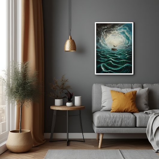 Solitaire boot in turbulente Zeeen Oceaanlandschap Poster