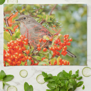 Solitaire zongvogel van Townsend op de Pyracantha Theedoek