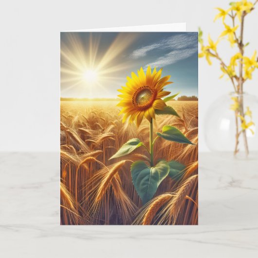 Solitaire zonnebloem in tarweveld aanmoediging kaart (Gele Bloem)