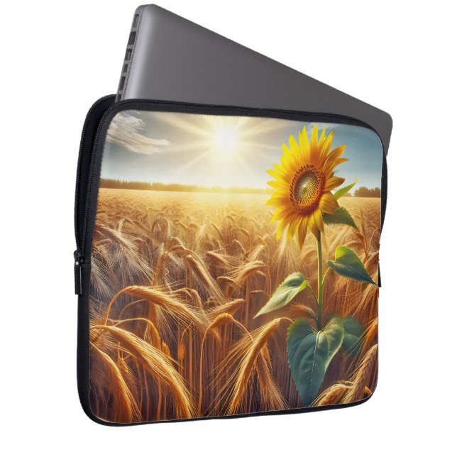 Solitaire zonnebloem op tarweveld laptop sleeve (Voorkant Rechts)