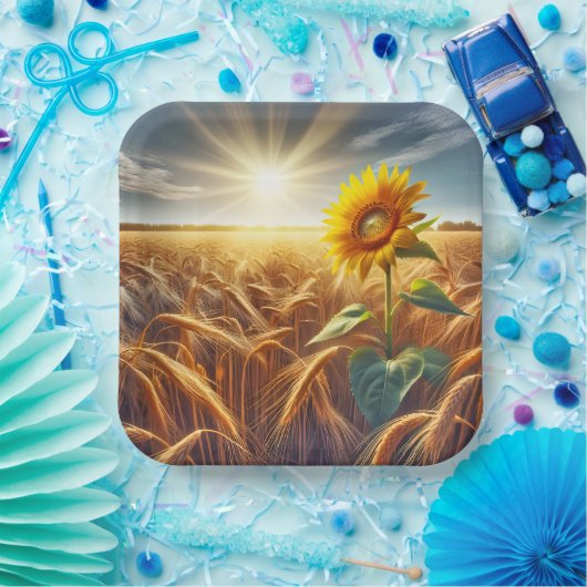 Solitaire zonnebloem op tarweveld papieren bordje (Feest)