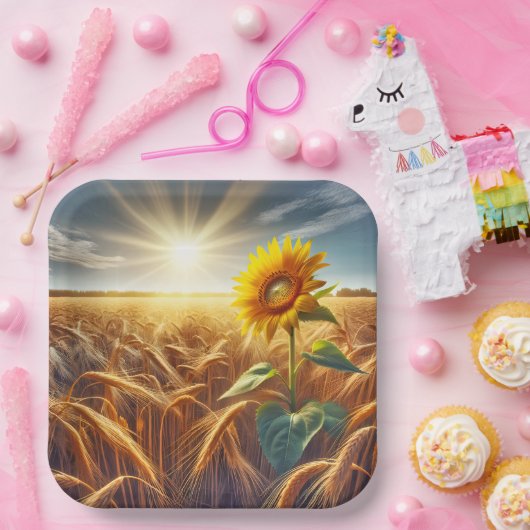 Solitaire zonnebloem op tarweveld papieren bordje (Feest)