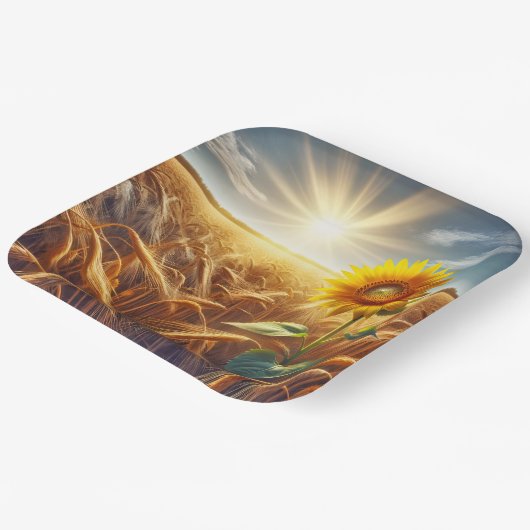 Solitaire zonnebloem op tarweveld papieren bordje (Gebogen)