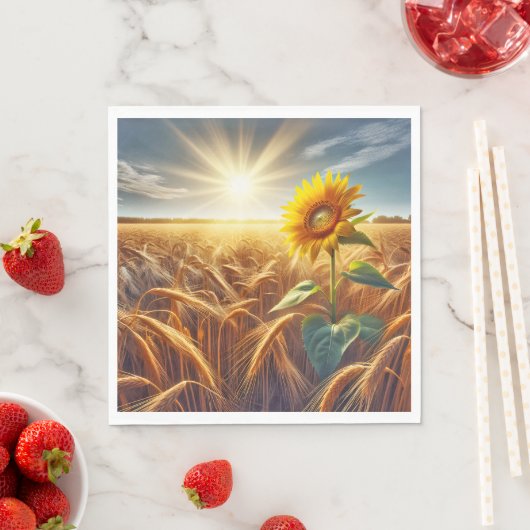 Solitaire zonnebloem op tarweveld servet (Insitu)