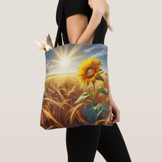 Solitaire zonnebloem op tarweveld tote bag (Dichtbij)