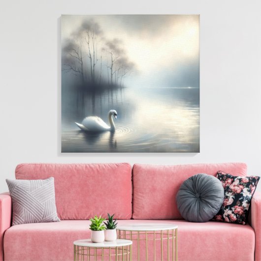 Solitaire zwaan op Misty Lake Canvas Afdruk (Insitu (Woonkamer))