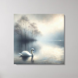 Solitaire zwaan op Misty Lake Canvas Afdruk
