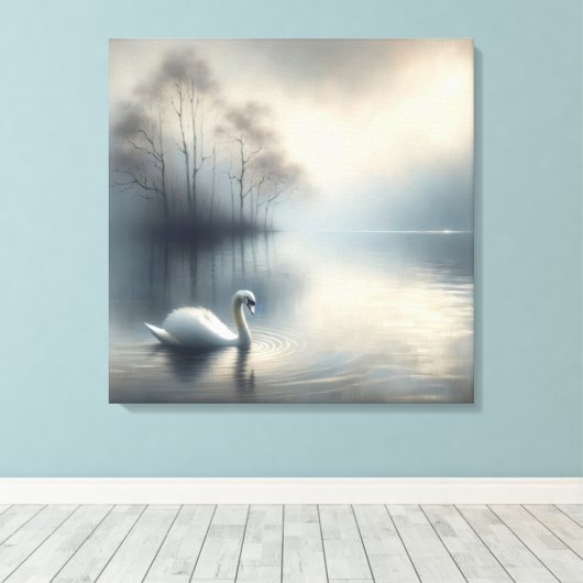 Solitaire zwaan op Misty Lake Canvas Afdruk (Insitu (Houten vloer))