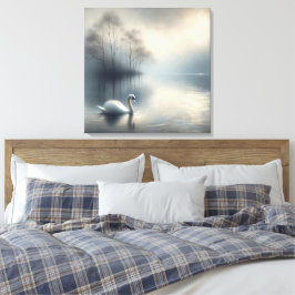 Solitaire zwaan op Misty Lake Canvas Afdruk