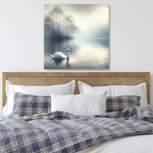 Solitaire zwaan op Misty Lake Canvas Afdruk (Insitu (Slaapkamer))