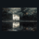 Solitary Figure Storm Cloud Mirror Abyss Poster<br><div class="desc">A lone figure stands motionless at the exact center where four mirrored quadrants converge, surrounded by violently swirling storm clouds in deep charcoal, bruised purple, and ominous gray. Faint golden-orange light fractures through the tempest, casting dramatic rays across an infinite reflective surface that doubles every cloud formation into a perfect,...</div>
