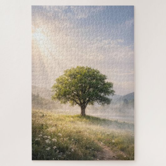 Solitary Green Tree with Sunbeams Legpuzzel (Verticaal)