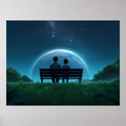 Solitary Man on Bench Watching Birds Black and Whi Poster (Voorkant)