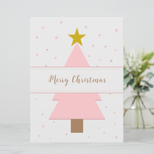 Solo Roze Kerstboom en Golden Star Flat Kaart (Staand voorkant)