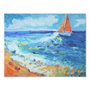 Solojacht Oceaan Kust Impressionist Foto Afdruk