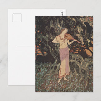 Somber Donker Woud Juffrouw Speelt Viool Kunst Briefkaart