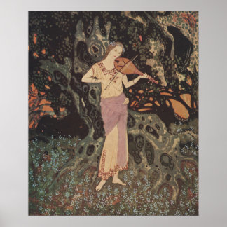 Somber Donker Woud Juffrouw Speelt Viool Kunst Poster