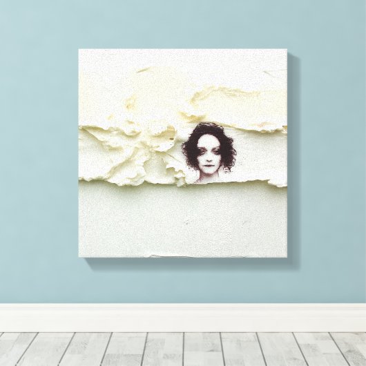 Somber Woman Portrait on Cream Abstract Canvas Afdruk (Insitu (Houten vloer))