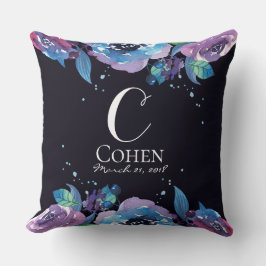 Sombere Blauwe Paarse Bloemrijke Monogram Kussen