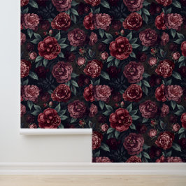 Sombere bloemen waterverf donkerrood patroon behang