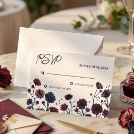 Sombere bordeaux & blauwe bloemige trouw-RSvp RSVP Kaartje