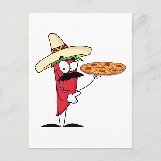 Sombrero Chili Pepper houdt Pizza tegen Briefkaart (Voorkant)