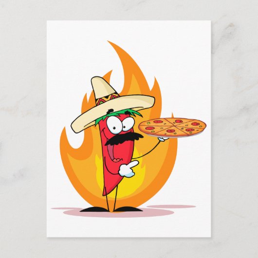 Sombrero Chili Pepper houdt Pizza tegen Briefkaart (Voorkant)