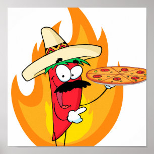 Sombrero Chili Pepper houdt Pizza tegen Poster