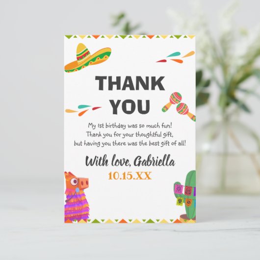 Sombrero Llama Mexican Style Fiesta First Birthday Bedankkaart (Staand voorkant)