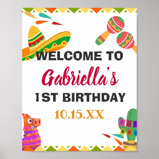 Sombrero Llama Mexican Style Fiesta First Birthday Poster (Voorkant)