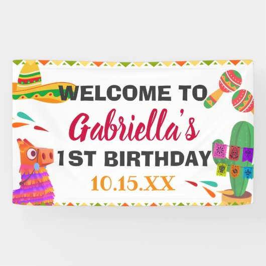 Sombrero Llama Mexican Style Fiesta First Birthday Spandoek (Horizontaal)