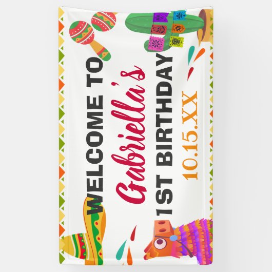 Sombrero Llama Mexican Style Fiesta First Birthday Spandoek (Verticaal)