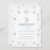Some Bunny Blue Floral Stripe 1st Birthday Kaart (Voorkant)