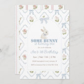 Some Bunny Blue Floral Stripe 1st Birthday Kaart (Voorkant / Achterkant)