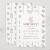 Some Bunny Floral Stripe 1st Birthday Kaart (Voorkant / Achterkant)