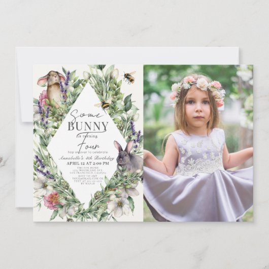 Some Bunny Greenery Ruit Kinderen Verjaardagsfoto Kaart (Voorkant)