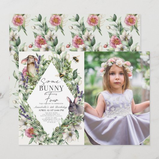 Some Bunny Greenery Ruit Kinderen Verjaardagsfoto Kaart (Voorkant / Achterkant)
