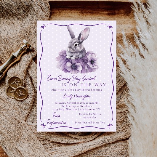 Some Bunny Is On The Way Purple Baby Shower Kaart
