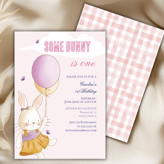 Some Bunny Is One Ballon Gingham 1e Verjaardag Kaart